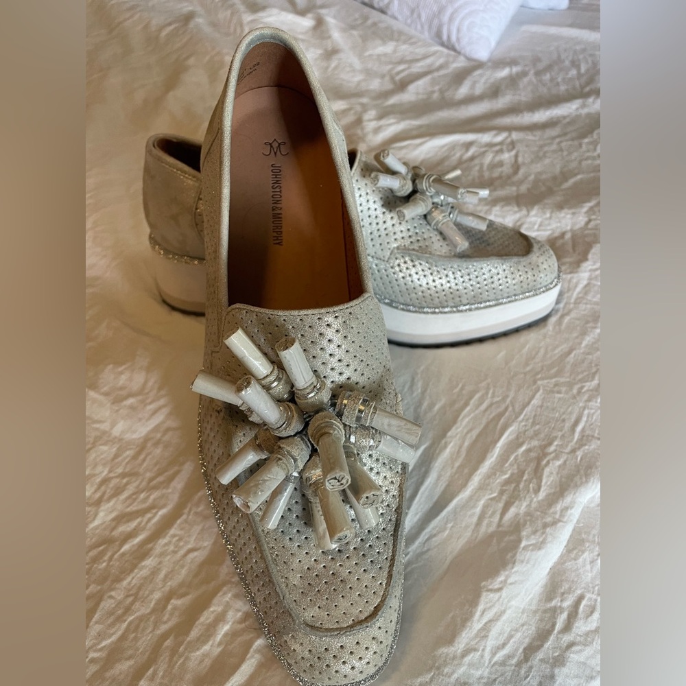 Score on these Johnston&Murphy Silver Metallic Tassel Loafers